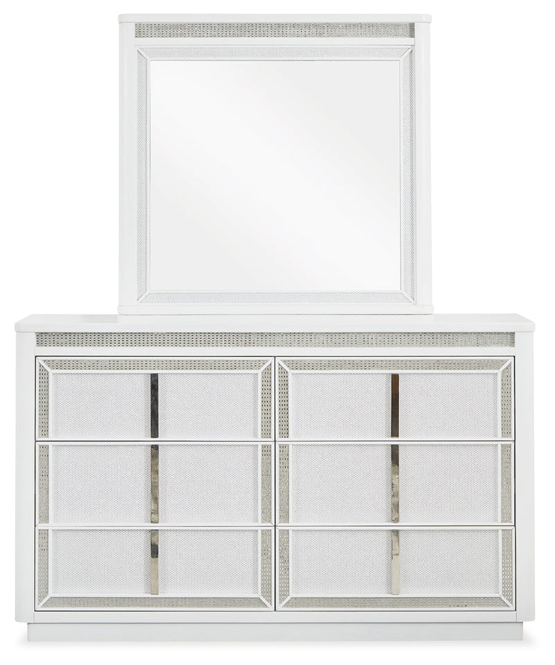 Chalanna King Upholstered Storage Bed with Mirrored Dresser and Nightstand in White from Ashley - DMV Furniture