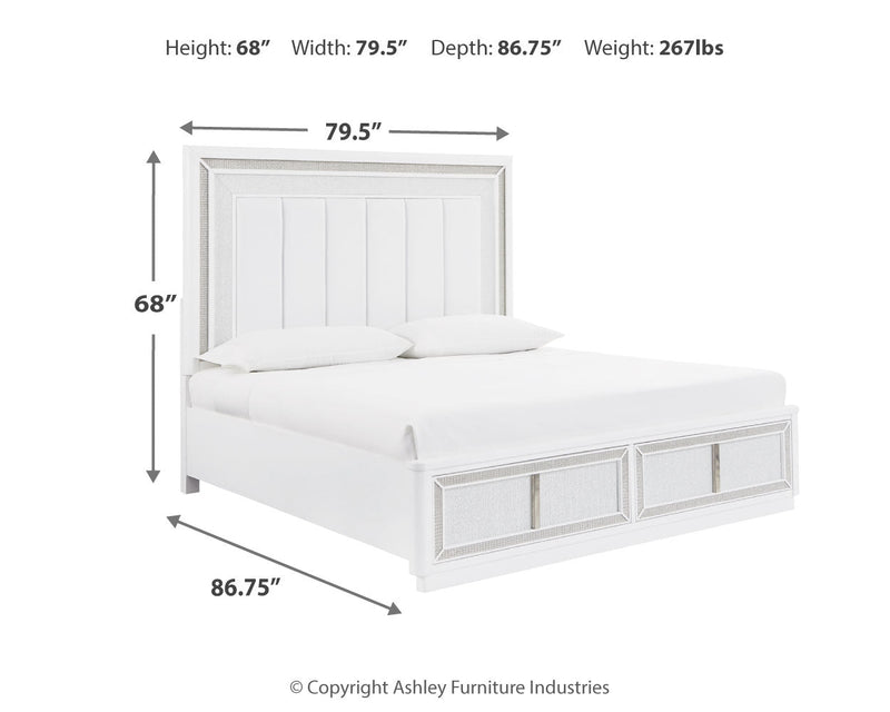 Chalanna King Upholstered Storage Bed with Mirrored Dresser and Nightstand in White from Ashley - DMV Furniture