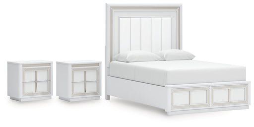 Chalanna Queen Upholstered Storage Bed with 2 Nightstands in White from Ashley - DMV Furniture