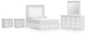 Chalanna Queen Upholstered Storage Bed with Mirrored Dresser and 2 Nightstand in White from Ashley - DMV Furniture