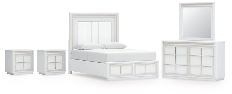Chalanna Queen Upholstered Storage Bed with Mirrored Dresser and 2 Nightstand in White from Ashley - DMV Furniture