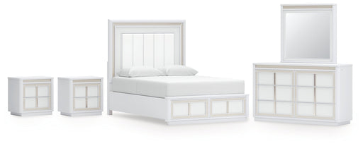 Chalanna Queen Upholstered Storage Bed with Mirrored Dresser and 2 Nightstand in White from Ashley - DMV Furniture