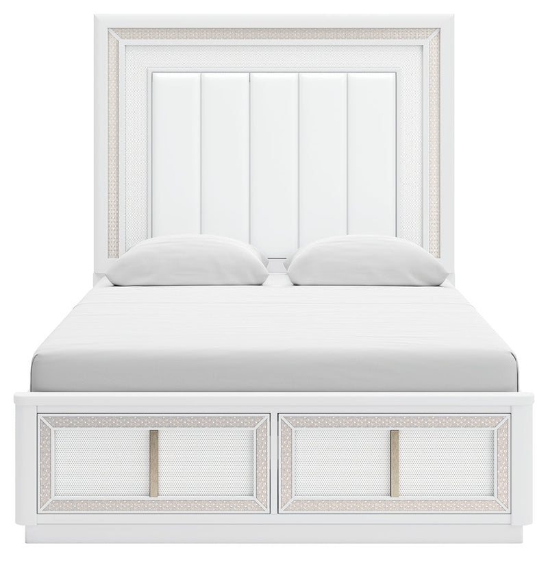 Chalanna Queen Upholstered Storage Bed with Mirrored Dresser and 2 Nightstand in White from Ashley - DMV Furniture