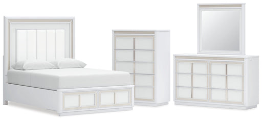 Chalanna Queen Upholstered Storage Bed with Mirrored Dresser and Chest in White from Ashley - DMV Furniture