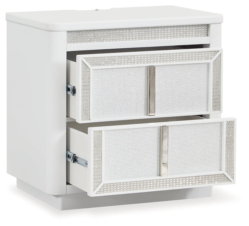 Chalanna Queen Upholstered Storage Bed with Mirrored Dresser, Chest and 2 Nightstands in White from Ashley - DMV Furniture