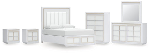 Chalanna Queen Upholstered Storage Bed with Mirrored Dresser, Chest and 2 Nightstands in White from Ashley - DMV Furniture