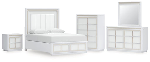 Chalanna Queen Upholstered Storage Bed with Mirrored Dresser, Chest and Nightstand in White from Ashley - DMV Furniture