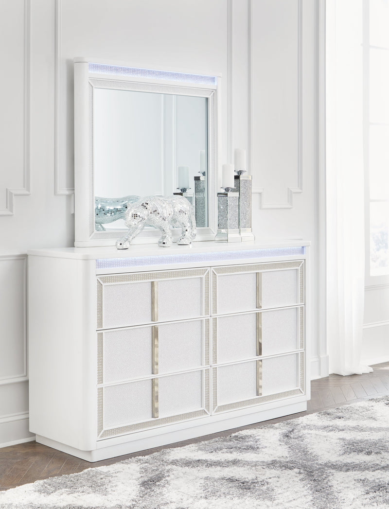 Chalanna Queen Upholstered Storage Bed with Mirrored Dresser in White - PKG018807