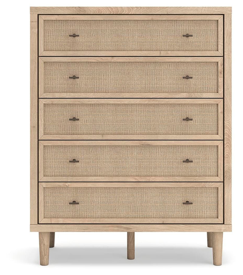 Cielden California King Upholstered Bed with Roll Slats, Dresser, Mirror and Chest in Soft Gray - PKG022923