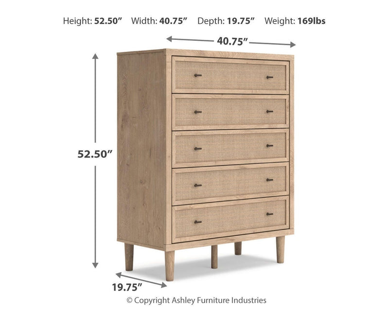 Cielden Full Upholstered Bed with Roll Slats, Dresser and Chest in Soft Gray - PKG022896