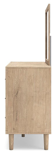 Cielden Full Upholstered Bed with Roll Slats, Dresser, Mirror and Chest in Soft Gray - PKG022899