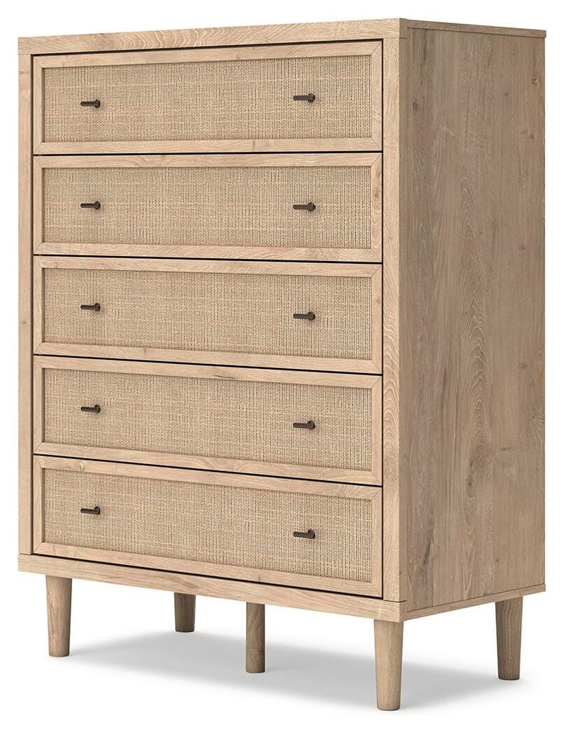 Cielden King Upholstered Bed with Roll Slats, Dresser and Chest in Soft Gray - PKG022912