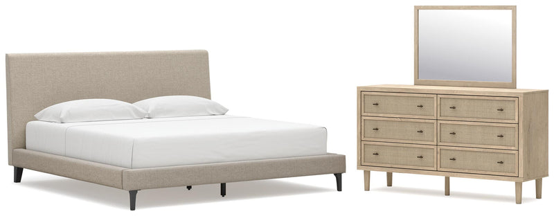 Cielden King Upholstered Bed with Roll Slats, Dresser and Mirror in Soft Gray - PKG022911