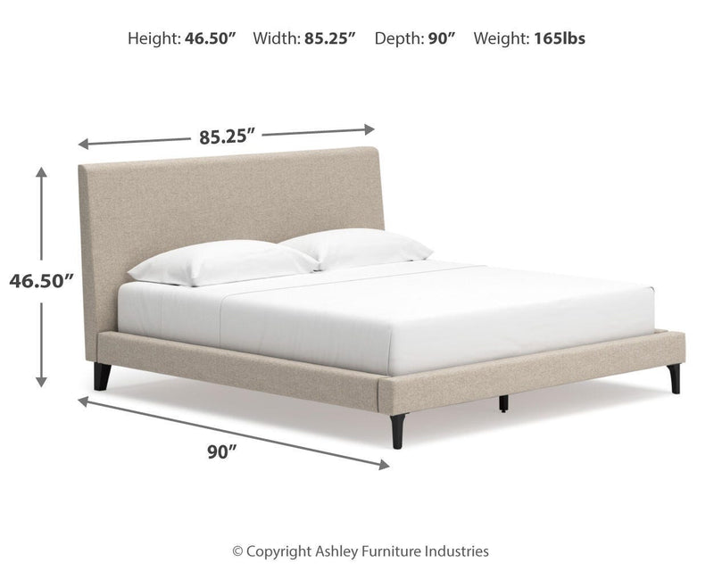 Cielden King Upholstered Bed with Roll Slats, Dresser and Nightstand in Soft Gray - PKG022918