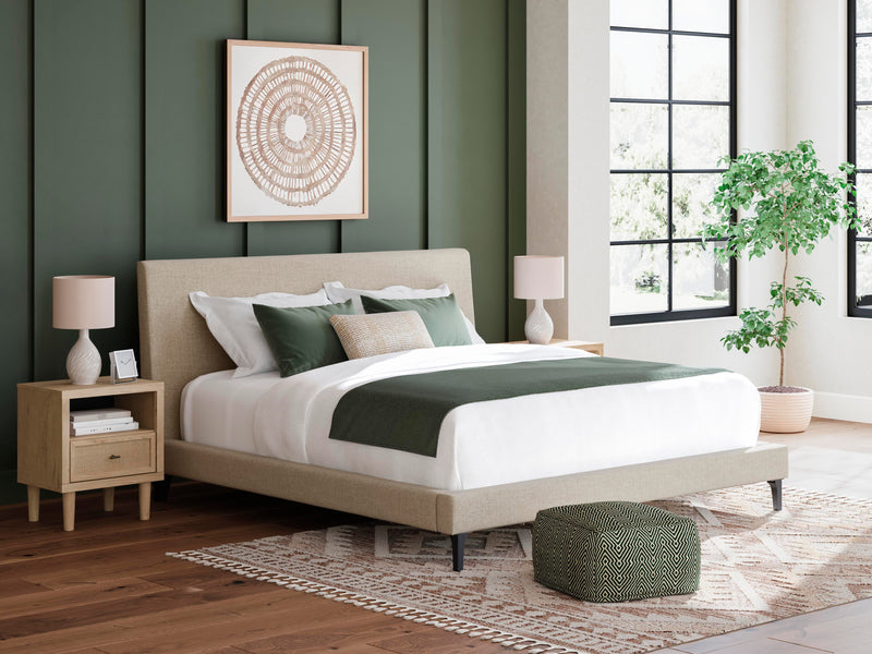 Cielden King Upholstered Bed with Roll Slats, Dresser, Mirror and Chest in Soft Gray - PKG022915