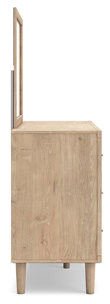 Cielden King Upholstered Bed with Roll Slats, Dresser, Mirror and Nightstand in Soft Gray - PKG022914