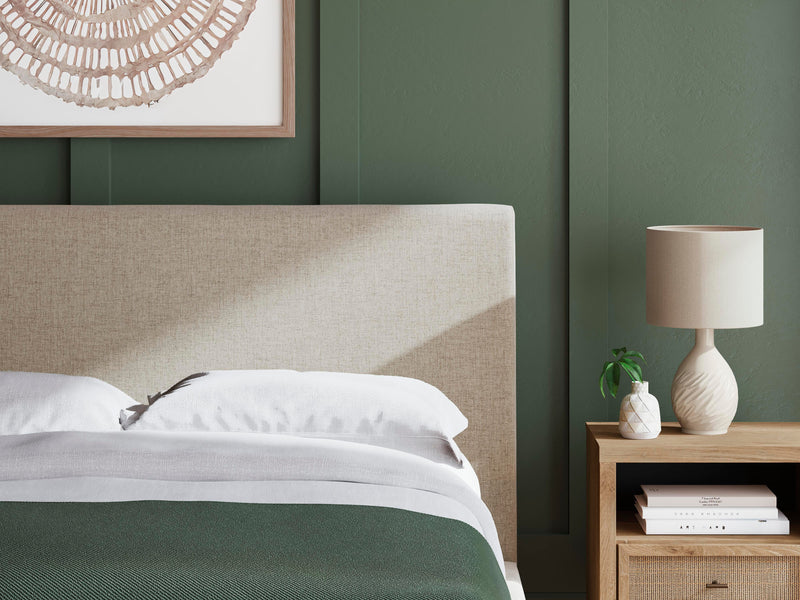 Cielden Queen Upholstered Bed with Roll Slats, Dresser and Chest in Soft Gray - PKG022904