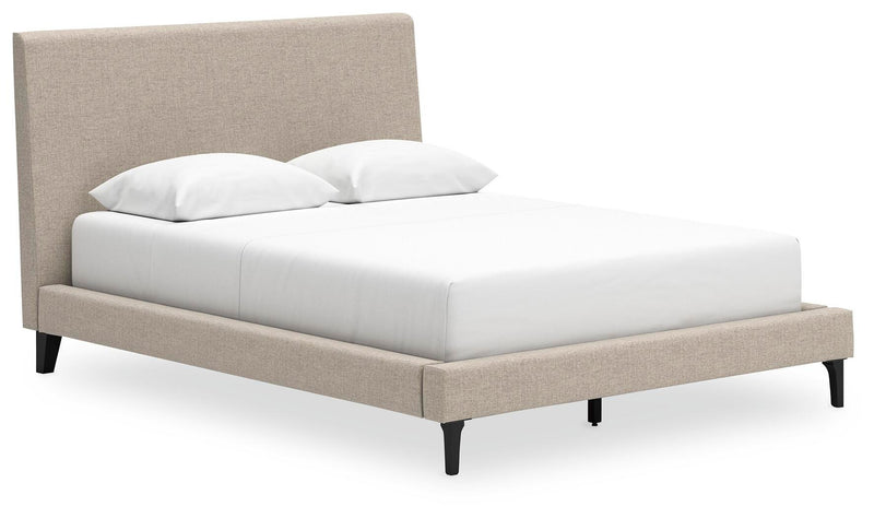 Cielden Queen Upholstered Bed with Roll Slats, Dresser and Nightstand in Soft Gray - PKG022910