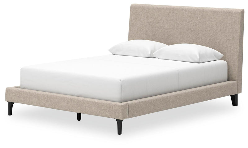 Cielden Queen Upholstered Bed with Roll Slats, Dresser, Mirror and Chest in Soft Gray - PKG022907