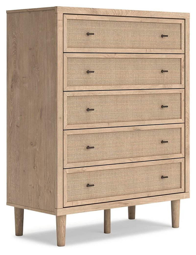 Cielden Queen Upholstered Bed with Roll Slats, Dresser, Mirror and Chest in Soft Gray - PKG022907