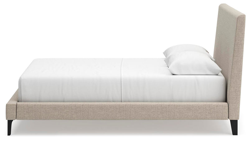Cielden Queen Upholstered Bed with Roll Slats, Dresser, Mirror and Nightstand in Soft Gray - PKG022906