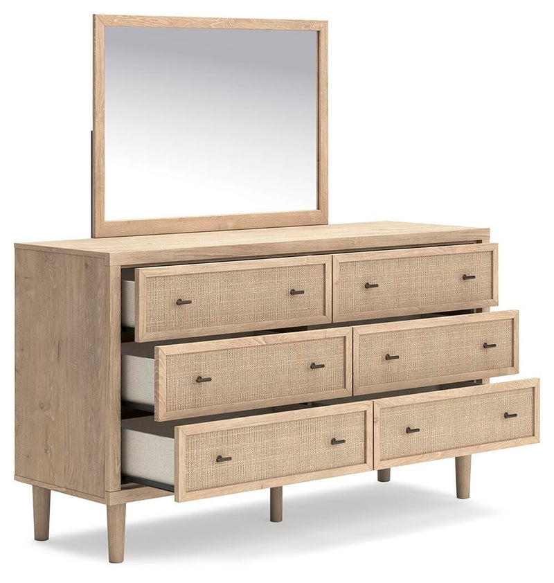 Cielden Queen Upholstered Bed with Roll Slats, Dresser, Mirror, Chest and Nightstand in Soft Gray - PKG022908