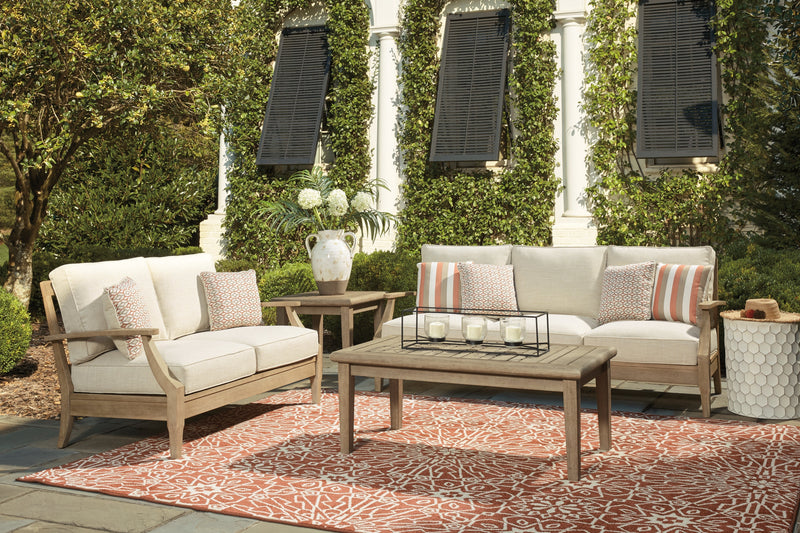 Clare View Outdoor Sofa and Loveseat with Coffee Table in Beige - PKG015425