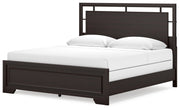 Covetown King Panel Bed with Mirrored Dresser, Chest and 2 Nightstands in Dark Brown - PKG016813