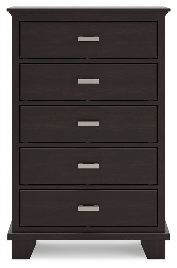 Covetown Twin Panel Bed with Mirrored Dresser, Chest and Nightstand in Dark Brown - PKG016622