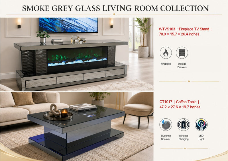 CT1017 GREY 48X28X20 INCH COFFEE TABLE BLUETOOTH SPEAKER ,COLOR CHANGING LED AND WIRLESS CHARGER - 210000007833