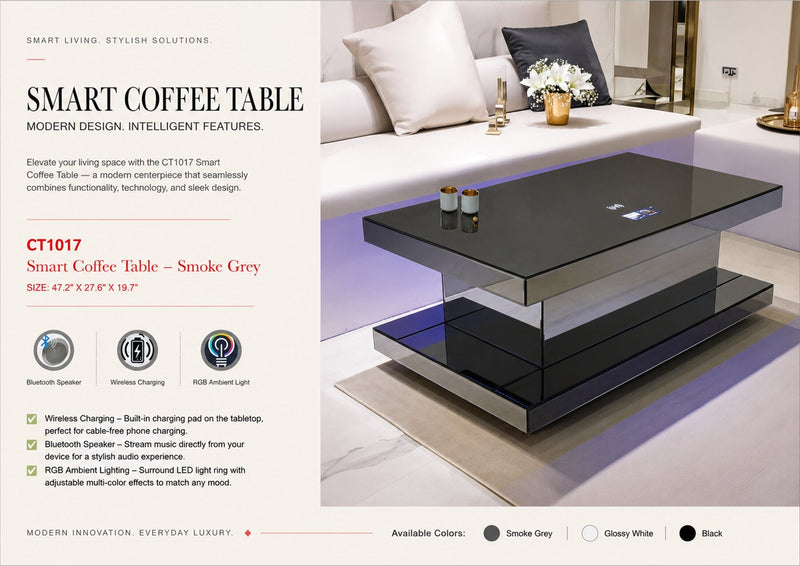 CT1017 GREY 48X28X20 INCH COFFEE TABLE BLUETOOTH SPEAKER ,COLOR CHANGING LED AND WIRLESS CHARGER - 210000007833