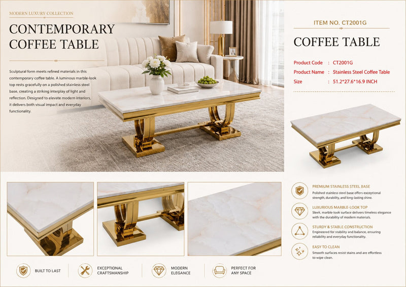 CT2001G 52 X 28 X 17.2 - GOLD STAINLESS STEEL + MARBLE  COFFEE TABLE - 210000007467