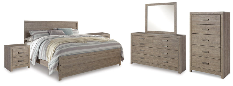Culverbach King Panel Bed with Mirrored Dresser, Chest and 2 Nightstands in Gray - PKG011532
