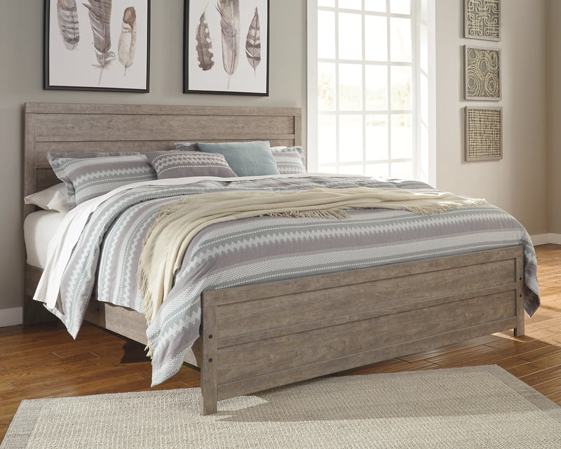 Culverbach King Panel Bed with Mirrored Dresser, Chest and 2 Nightstands in Gray - PKG011532