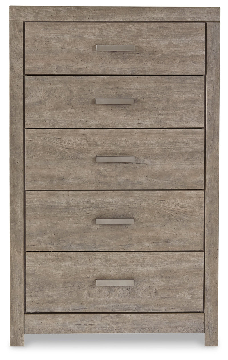 Culverbach King Panel Bed with Mirrored Dresser, Chest and 2 Nightstands in Gray - PKG011532