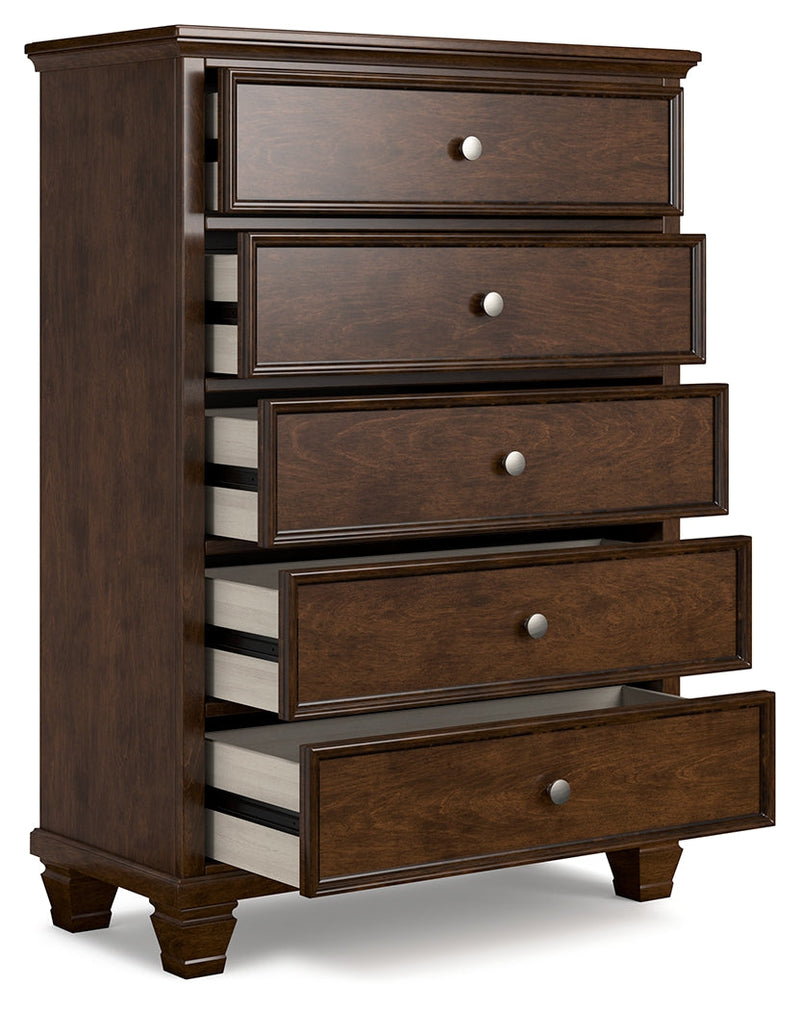 Danabrin California King Panel Bed with Mirrored Dresser and Chest in Brown - PKG015191