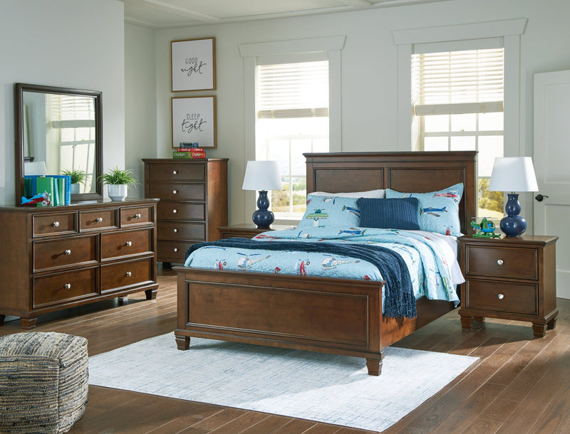 Danabrin Full Panel Bed with Mirrored Dresser and Nightstand in Brown - PKG015202