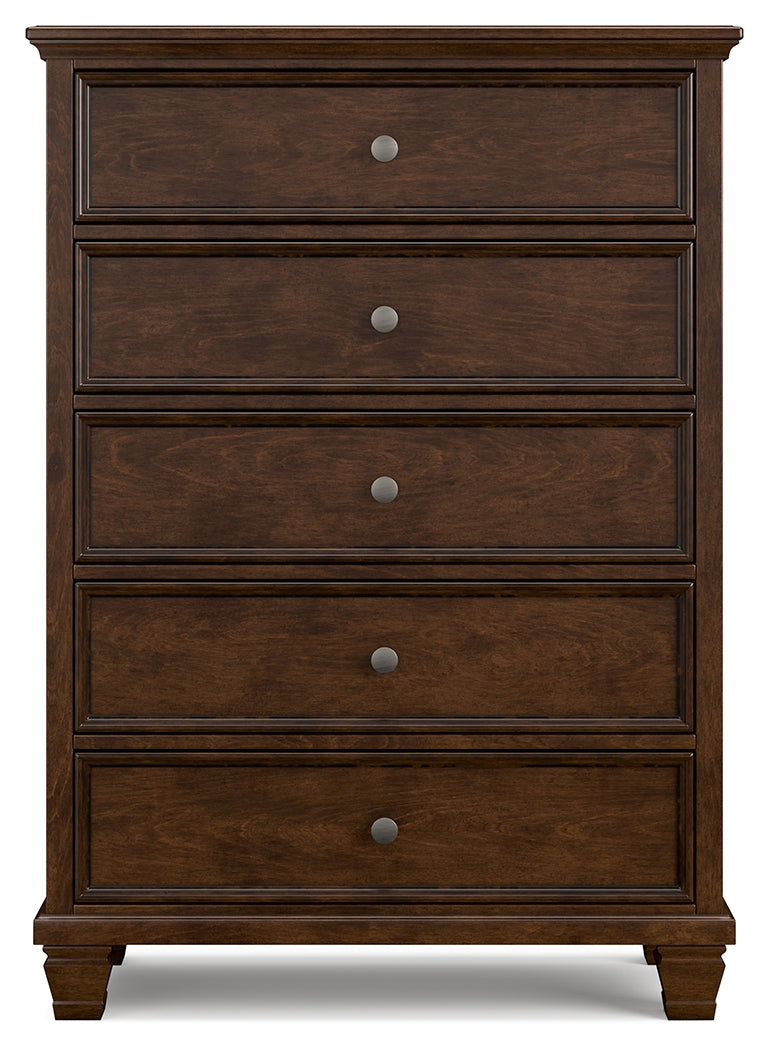 Danabrin Queen Panel Bed with Mirrored Dresser and Chest in Brown - PKG015179