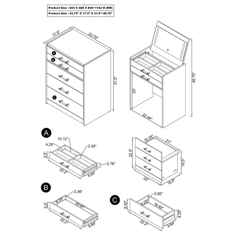 Danbury 3-drawer Makeup Vanity & Stool Set Black High Gloss - 930209