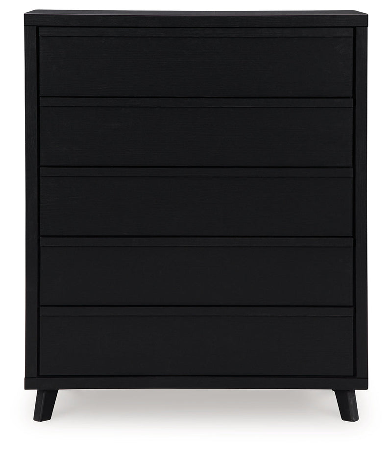 Danziar Queen Panel Bed with Mirrored Dresser, Chest and Nightstand in Black - PKG015894