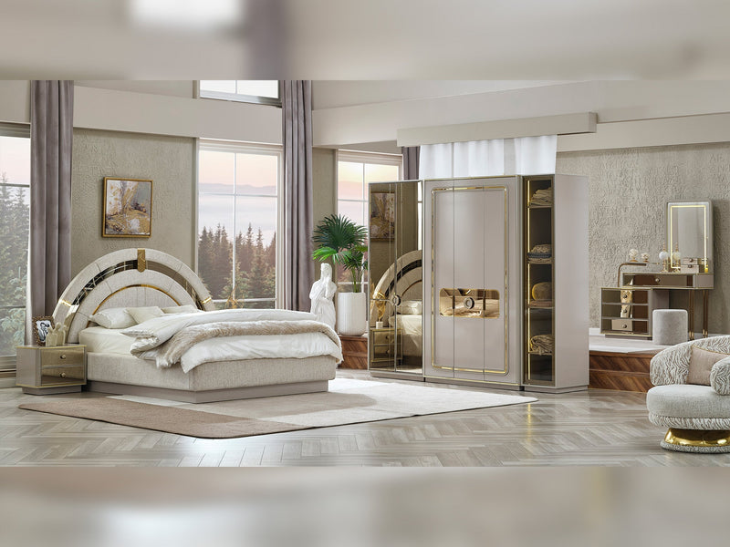 Delux Bedroom (Queen Frame With Headboard & Dresser With Mirror & Ottoman & 2 Nightstand) - 200-MAX-DEL-150-QB-SET
