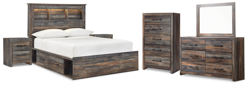 Drystan Full Bookcase Bed with 4 Storage Drawers with Mirrored Dresser, Chest and 2 Nightstands in Multi - PKG003345