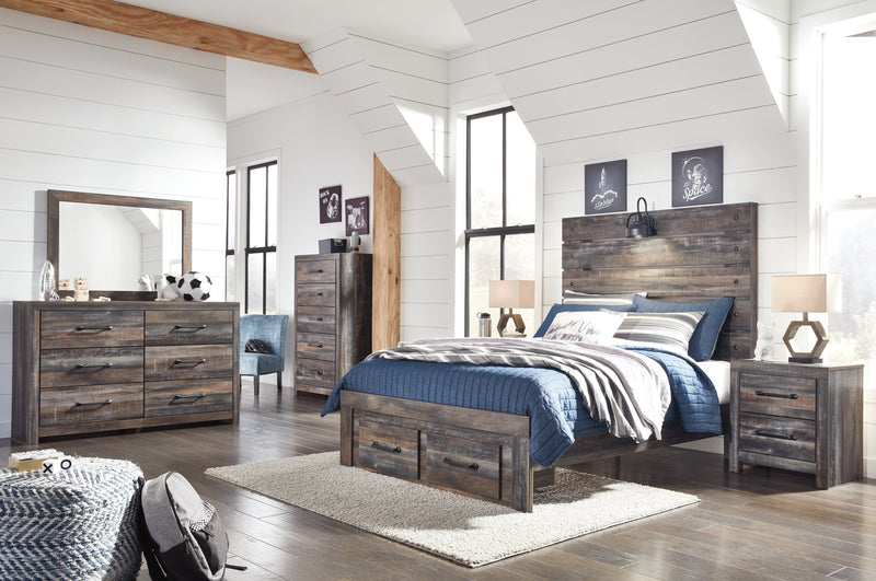 Drystan Full Panel Bed with 2 Storage Drawers with Mirrored Dresser and Chest in Multi - PKG003372