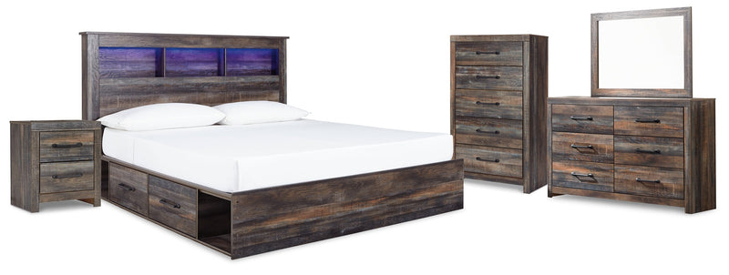 Drystan King Bookcase Bed with 4 Storage Drawers with Mirrored Dresser and 2 Nightstands in Multi - PKG003396