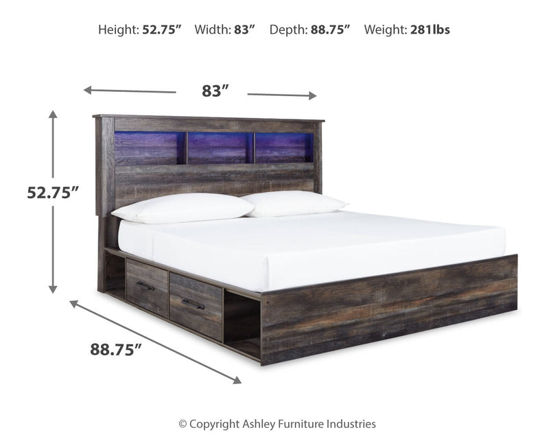 Drystan King Bookcase Bed with 4 Storage Drawers with Mirrored Dresser and 2 Nightstands in Multi - PKG003396