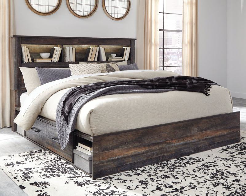 Drystan King Bookcase Bed with 4 Storage Drawers with Mirrored Dresser, Chest and 2 Nightstands in Multi - PKG003398