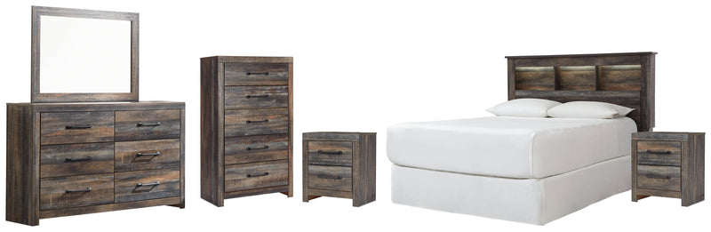 Drystan Queen/Full Bookcase Headboard Bed with Mirrored Dresser, Chest and 2 Nightstands in Multi from Ashley - DMV Furniture