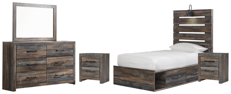 Drystan Twin Panel Bed with 4 Storage Drawers with Mirrored Dresser and 2 Nightstands in Multi from Ashley - DMV Furniture
