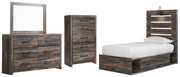 Drystan Twin Panel Bed with 4 Storage Drawers with Mirrored Dresser and Chest in Multi from Ashley - DMV Furniture