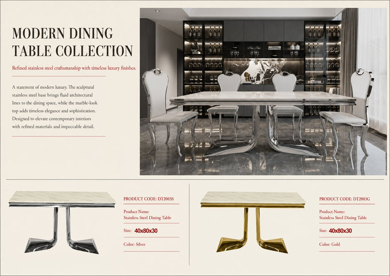 DT2003G-80 X 40 X 30 -GOLD STAINLESS STEEL + MARBLE DINING TABLE - 210000007640